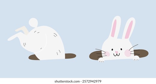 Character design of cute cartoon Eater white bunny in flat style. White bunny rabbits in different poses. Vector kawaii rabbit. A cute rabbit peeking out of a hole. Easter holiday