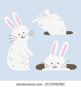 Character design of cute cartoon Eater white bunny in flat style. White bunny rabbits in different poses. Vector kawaii rabbit. A cute rabbit peeking out of a hole. Easter holiday