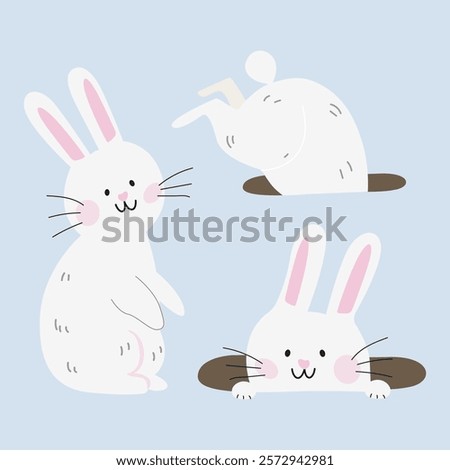 Character design of cute cartoon Eater white bunny in flat style. White bunny rabbits in different poses. Vector kawaii rabbit. A cute rabbit peeking out of a hole. Easter holiday