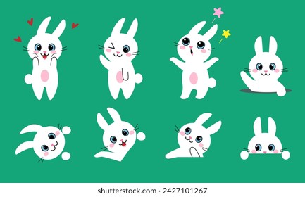  Character design of cute cartoon white bunny in flat style. Peeking rabbits in different poses and in the hole with various emotions. 