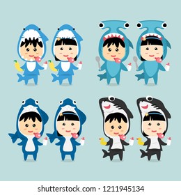 Character Design Cute Kids wearing Shark Costume Set, Vector Illustration.