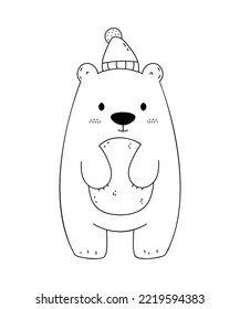Character design cute polar bear with knitted cap.Doodle cartoon style. Outline.
