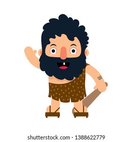 Character design. Cute primitive man with a baton. Brutal man waving his hand. Vector illustration in flat style.