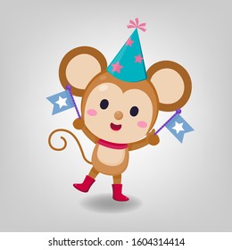 Character design. Cute rat wearing party hat on white background.