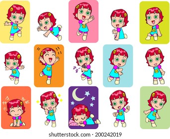 character Design of the different activities of a young girl sense of fun and happiness.