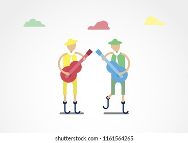 Character design of disable person that is musician with colorful cloth isolated on grey background.