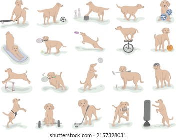 Character design of dogs participating in or playing a variety of different sports.