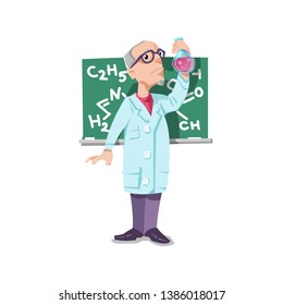 Character design Elderly Proffessor. Vector Isolated Graphic Design Illustration. Flat, Clear, Cartoon, Comic Style. Scientist, teacher, labaratory assisstant, doctor chemictry. Education Icon