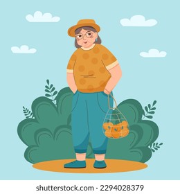 Character design - elderly woman at the nature in the flat style	