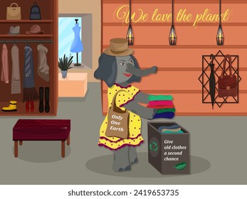 Character design. The elephant in the store recycles old things. Interior of clothing and shoe stores. Showcase with mannequins. Eco-friendly lifestyle. Vector illustration in cartoon style.
