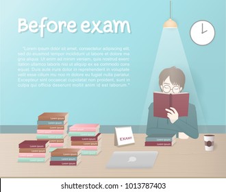 Character design with exam concept, a night before exam with a boy studying,reading a book. with stack books Vector illustration. 