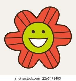 Diseño de caracteres, objeto de cuento de hadas. Forma colorida, seis pétalos de flores positivas. Icono de dibujos animados, personaje vectorial, emoción facial. Aislado sobre blanco
