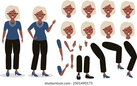 Character design featuring a cheerful older woman in casual attire with multiple expressions