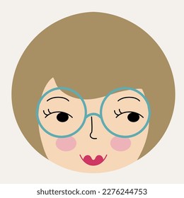 Character design, female face. Abstract shape, beautiful girlish face with glasses. Mascot logo, funny personage, emoji sticker. Isolated on white
