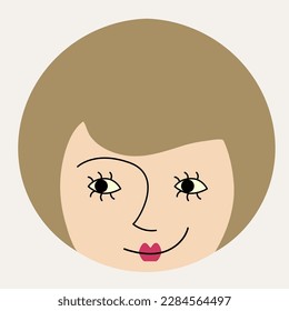 Character design, female face. Cute face, beautiful girlish face with smile. Badge sticker, funny shape, flat cartoon character. Isolated on white
