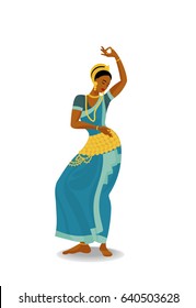 a character design of female indian dancer; a vector girl in national costume of India; with golden jewelry; cartoon style; isolated on white background; a digital draw