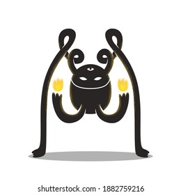 Character design of a flaming monster with long twisted legs and three eyes. Illustration sticker for print.