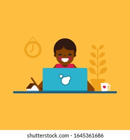 Character design in a flat style. IT user businessman works at the computer. Vector illustration.