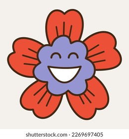 Zeichentrickdesign, florale kleine Figur. Frisch Gesicht, fünf Blütenblätter froh. Badge-Aufkleber, lustige Form, flacher Cartoon-Charakter. Einzeln auf Weiß
