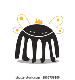 Character design of four-legged winged monster with a crown. Illustration sticker for print.