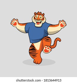 Diseño de carácter de tigre amigable con cara sonriente usando camiseta. se puede usar para logotipo, mascota, estampado de camisetas, etc
