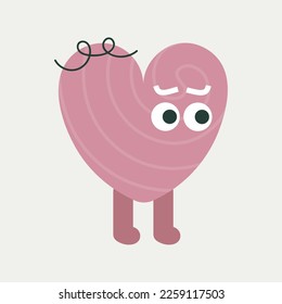 Character design, funky toy little man. Comic face, pink heart, looks to the right. Cartoon mascot, vector sticker, funny shape. Isolated on white.