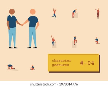 Character design, gestures, different sitting people with computer and mobile phone, running, walking, talking and shaking hands