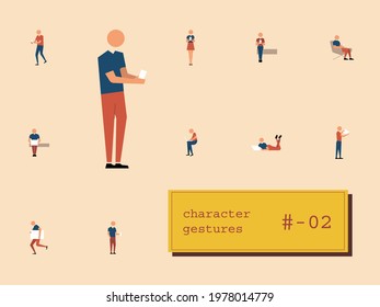 Character design, gestures, different sitting people with computer and mobile phone, running, walking, talking and shaking hands