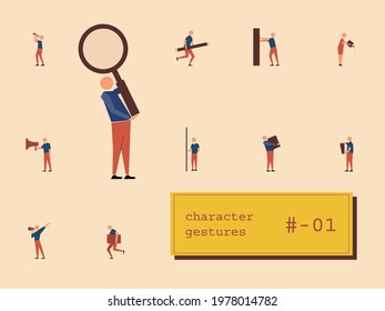 Character design, gestures, different sitting people with computer and mobile phone, running, walking, talking and shaking hands