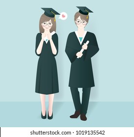 Character design with girl and boy graduated. Invitation and celebration card template for graduation party. Vector illustration.