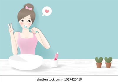 Character design with a girl brushing teeth in the bathroom. Vector illustration. 