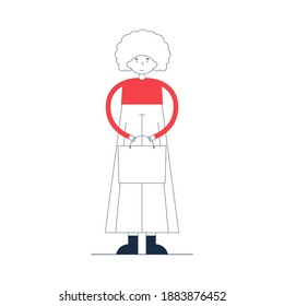 Character design of a girl with curls in a red sweater with a bag in her hands, flat line style on white background. Personage for infographics, animation, magazine, books.