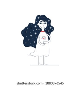 Character design of a girl in dress with flower in hands and in the hair of a star, flat line style on white background. Personage for infographics, animation, magazine, books.