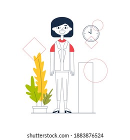 Character Design Of A Girl In Office, Flat Line Style On White Background. Personage For Infographics, Animation, Magazine, Books.