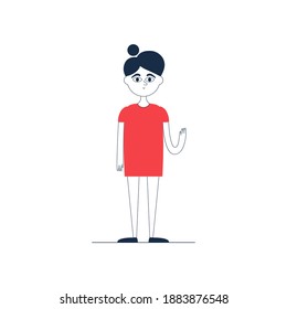 Character design of a girl in red dress waving hello hand, flat line style on white background. Personage for infographics, animation, magazine, books.