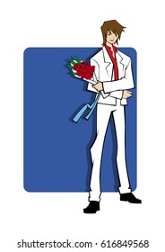 character design of handsome brown hair gentleman in white suit hold bouquet of roses standing front blue square background