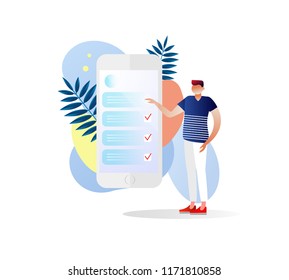 Character design. Handsome business man nearby marked checklist on cellphone. To do list. Successful completion of business tasks. Task manager. Flat vector illustration. Isolated. Banner, flayer.  