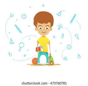 Character design. Happy schoolboy with a briefcase back to school. School icons on the background