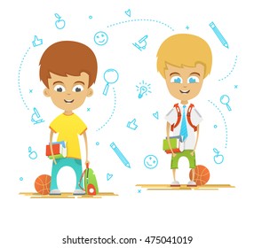 Character design. Happy schoolboys with a briefcase back to school. Icons on the background