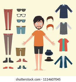 Character Design Hipster Man with Various Outfit Construction