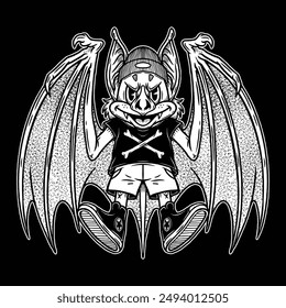 character design illustration of a bat wearing band outfits and sneakers for punk rock music album cover