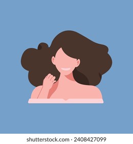 Character design illustration, flat character vector, smile woman in long brown hair wearing off-shoulder dress 