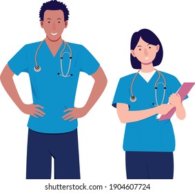 Character Design Illustration Of Medical Team Consist Of Male Doctor And Male Nurse, Also Female Doctor And Female Nurse