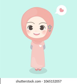 Character design with Islamic girl. Smiling girl. Vector illustration.