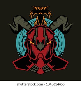 Character Design of Knight of Samurai with Helmet and Badge Shield Vintage Style Color Illustration