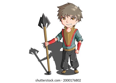Character design a little boy holding a spear