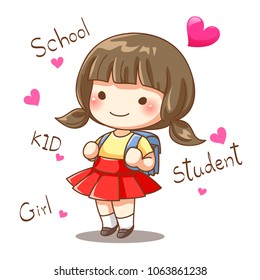 character design of little girl student go to school vector illustration