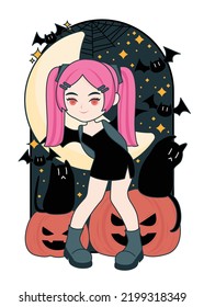 Character design little witch in a Halloween costume. 
Bat, cat, pumpkin, moon, star in the background. Vector illustration.