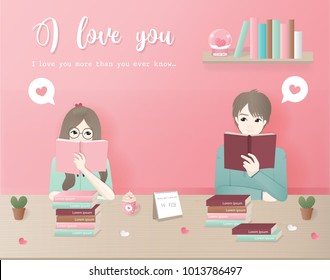 Character design love concept with couple reading books together, library in love. Valentine's day card vector illustration. 