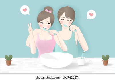 Character design with a lovely couple, family brushing teeth in the bathroom. Vector illustration. 